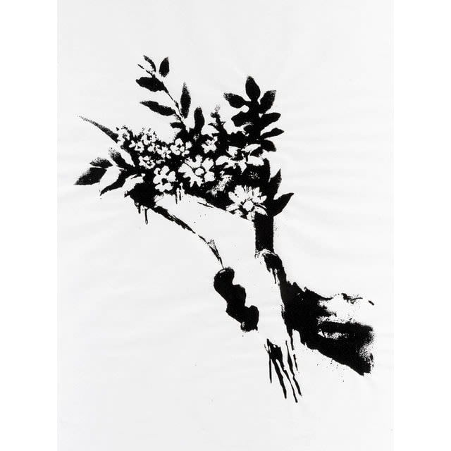 Banksy GDP Thrower, 2019, one-colour screenprint on newsprint