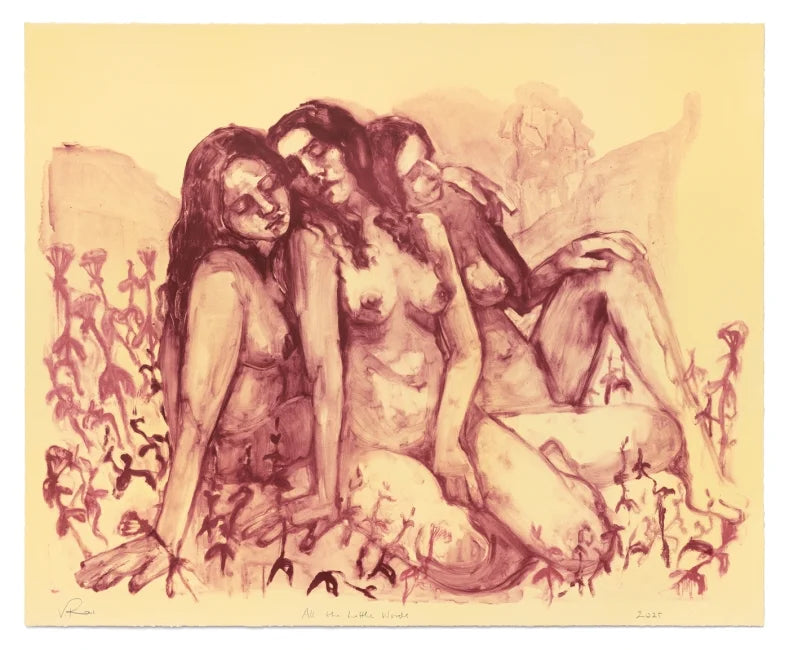 Vanessa Raw All the Little Words 2025 signed lithograph art print, featuring abstract colorful shapes and text on paper background.