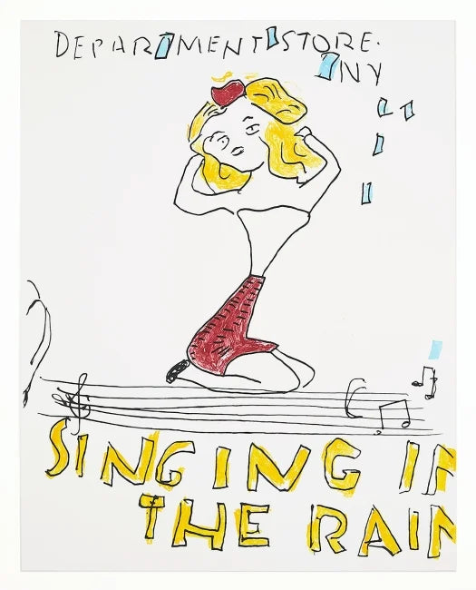 Rose Wylie Singing in the Rain lithograph 2019, artwork showing vibrant colors and expressive figures in a rainy scene.