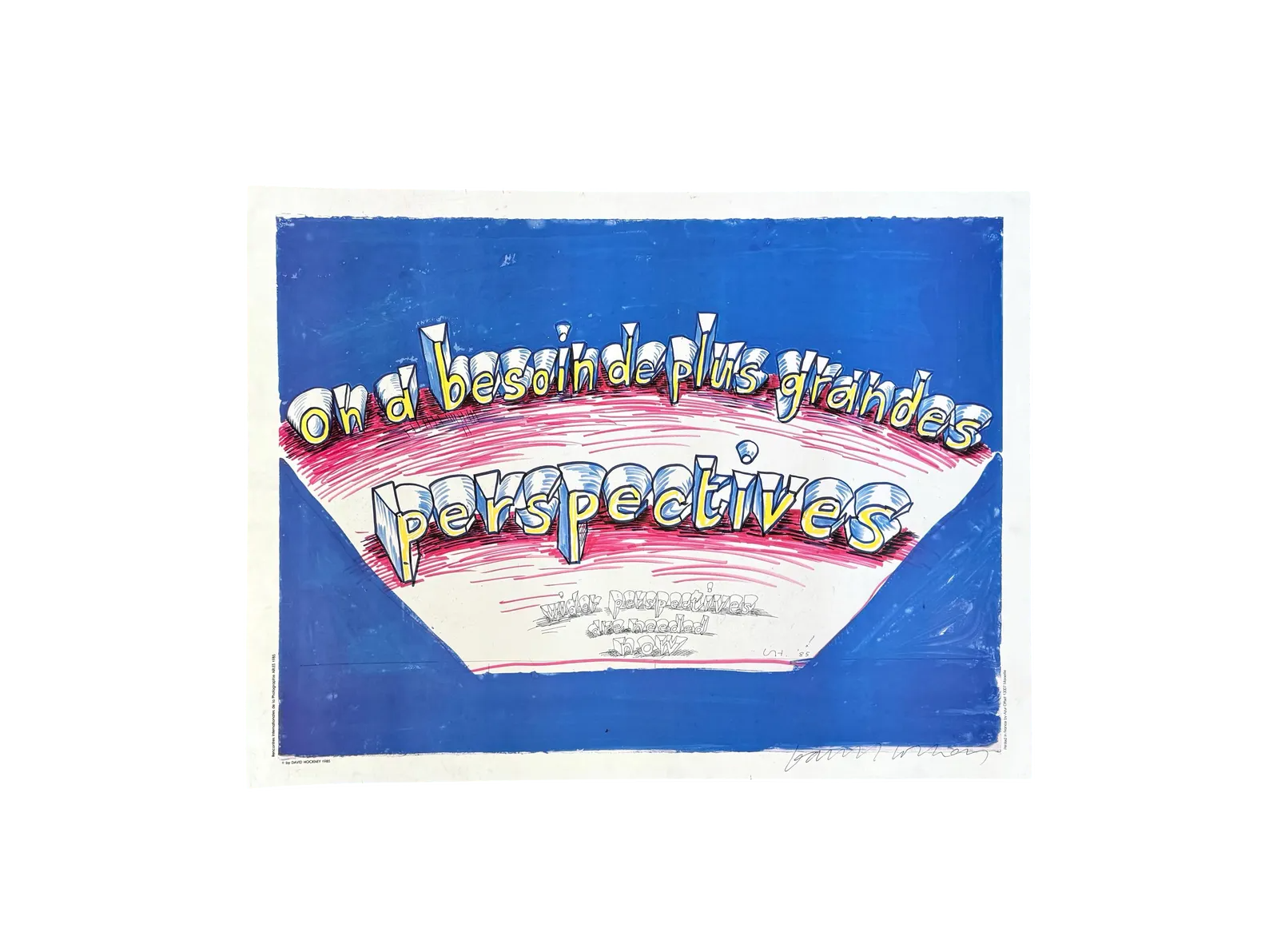 David Hockney lithograph titled "Rencontres International de la Photographie, Arles 1985" featuring vibrant colors and abstract shapes.