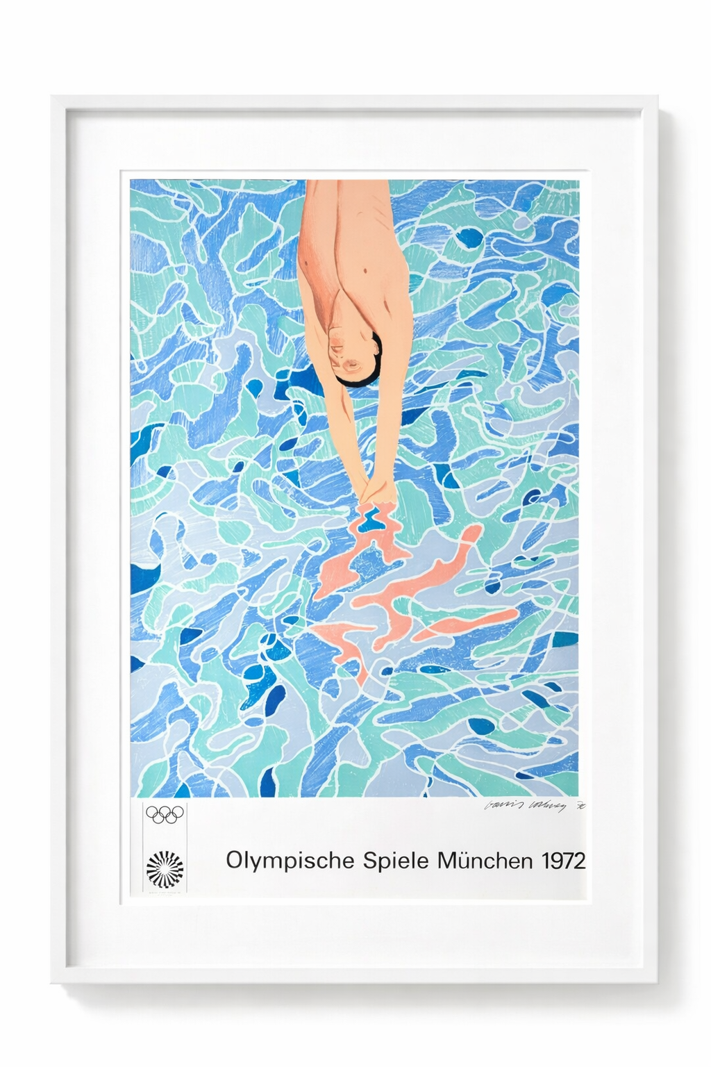 Original Munich Olympic Poster featuring vibrant artwork by David Hockney, showcasing bold colors and iconic design elements.