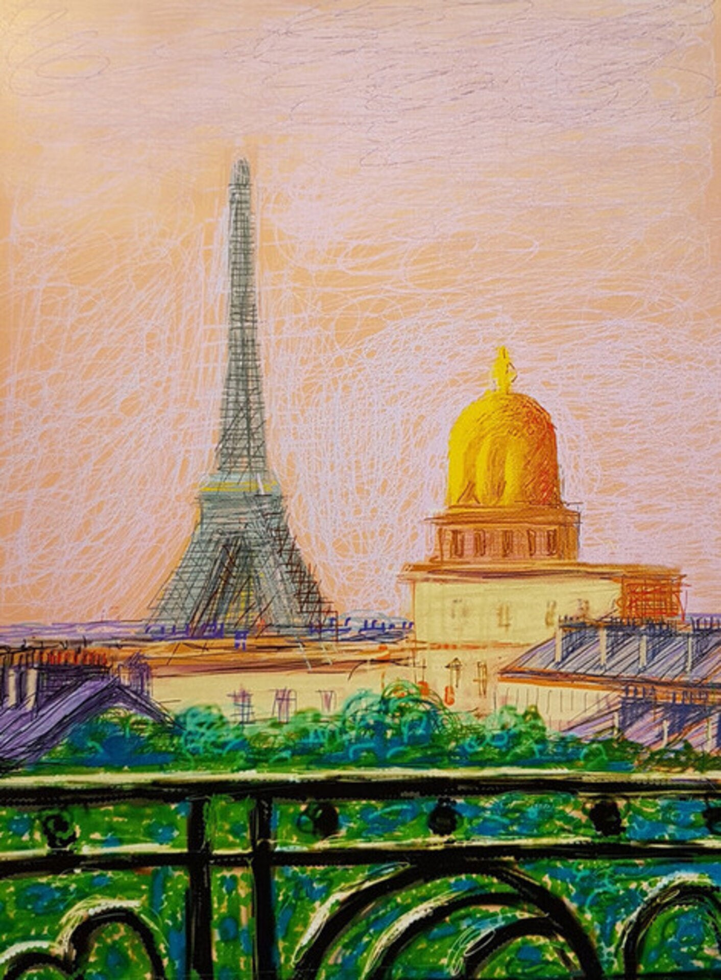 Colorful David Hockney Eiffel Tower by Day art print, showcasing vibrant brushstrokes and bright cityscape details.