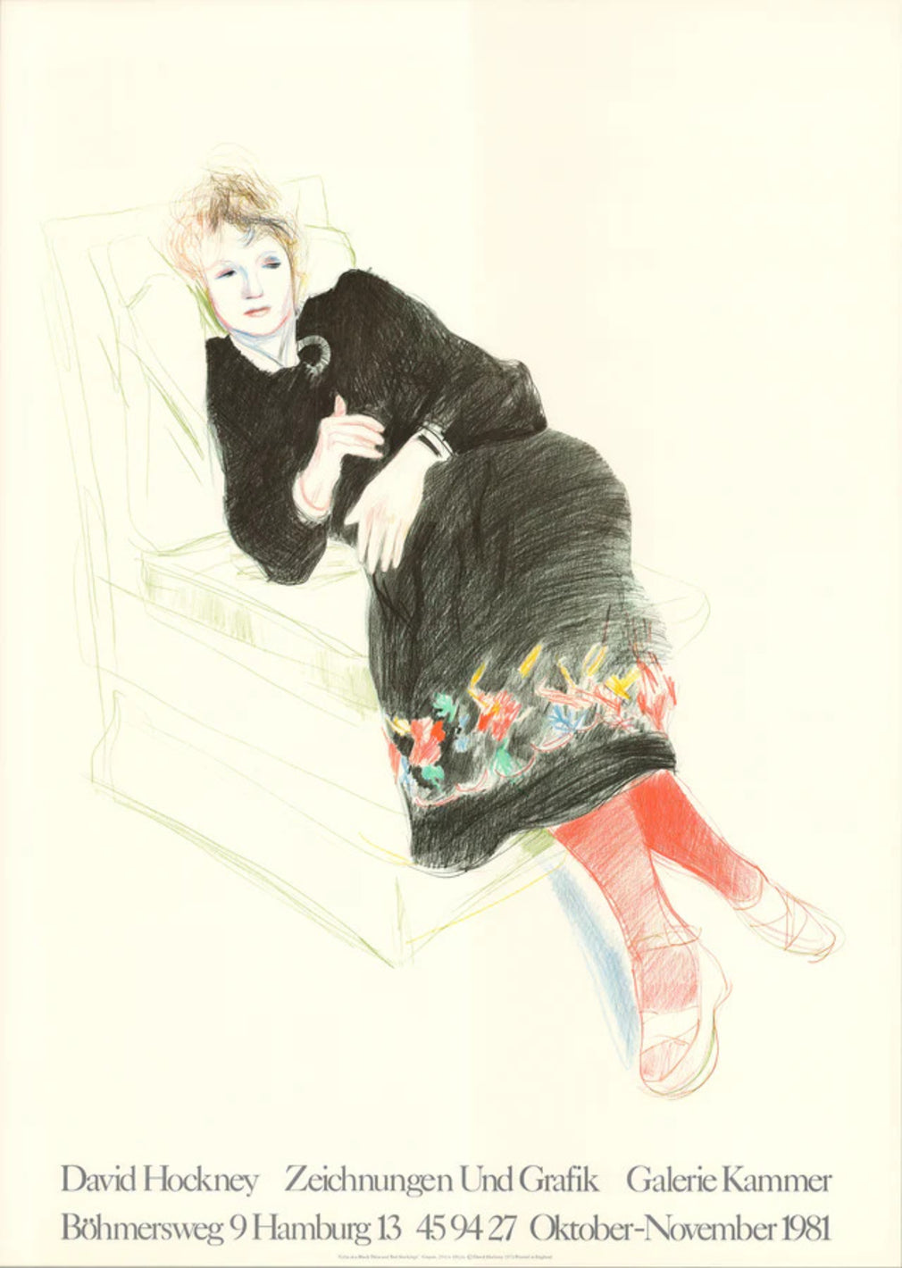 David Hockney Portrait of Celia in a Black Dress with Colored Border