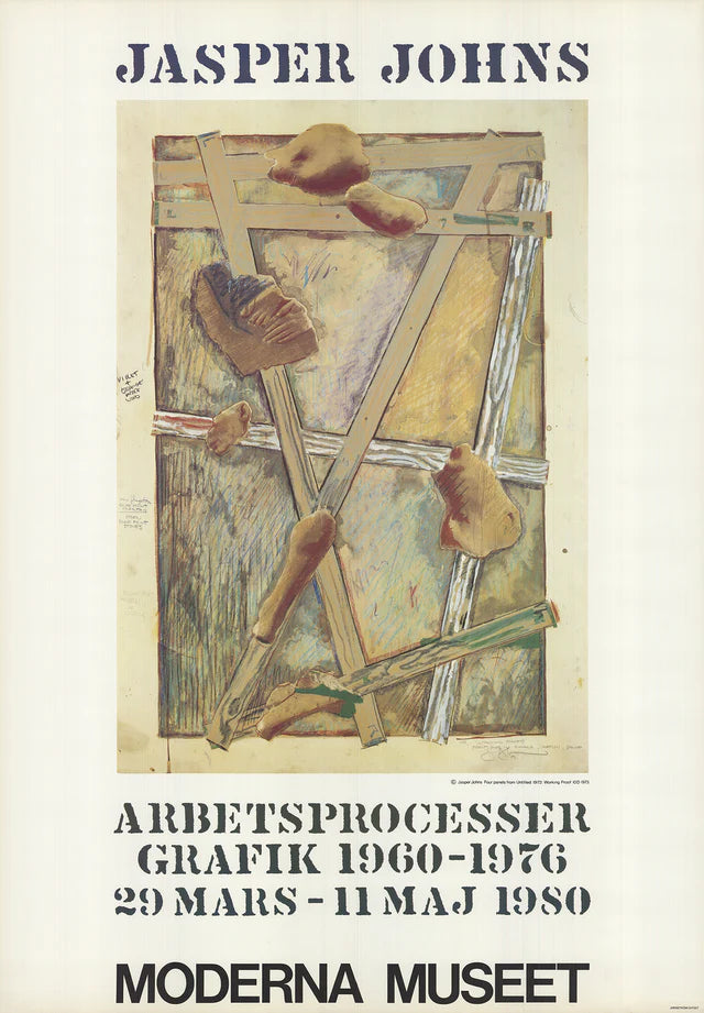 Close-up of JASPER JOHNS "Works in Progress" artwork, featuring layered abstract shapes and textured surfaces.