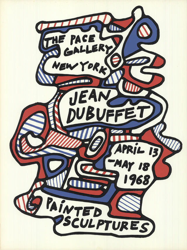Colorful Jean Dubuffet painted sculpture with abstract shapes and textured surface, displayed on a neutral background.