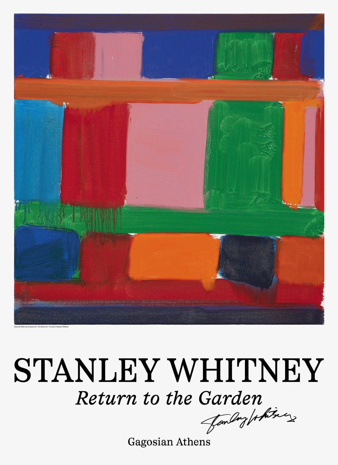 Signed poster of Stanley Whitney's "Return to the Garden" artwork featuring a dovehouse design, vibrant contemporary art print.