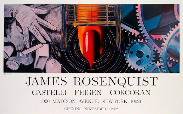 Colorful artwork titled "While the Earth Revolved at Night" by James Rosenquist, featuring vibrant abstract shapes and cosmic imagery.