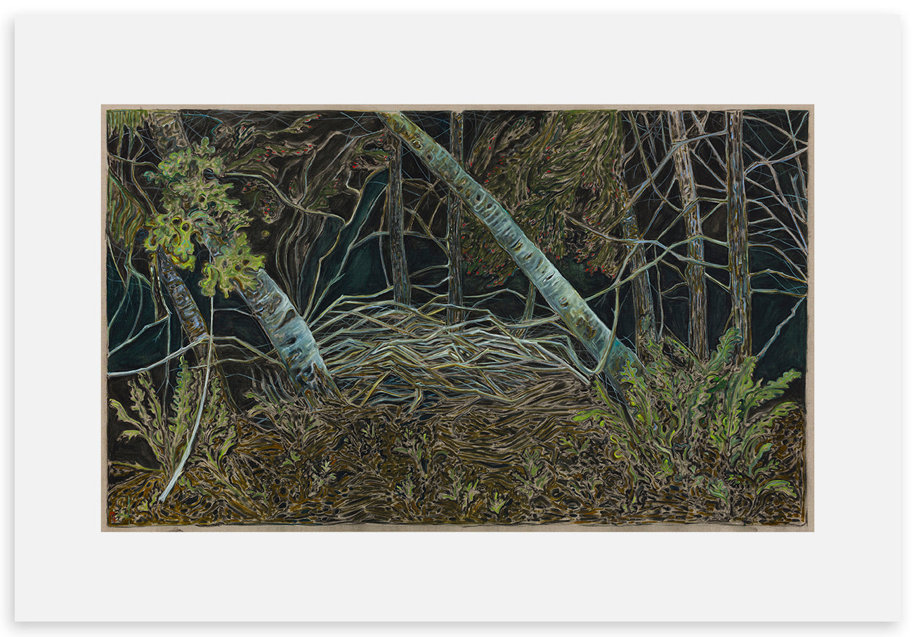 BILLY CHILDISH Night Forest artwork featuring a vibrant forest scene with deep greens and rich textures.