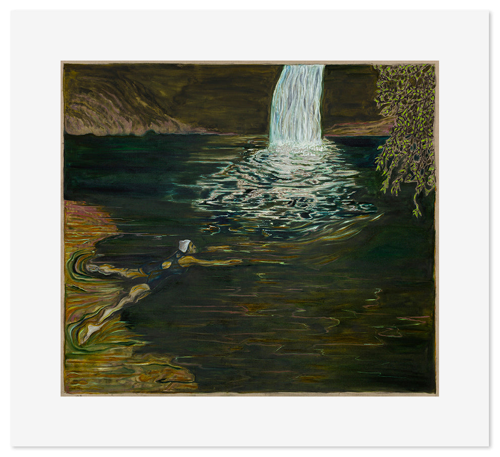 A swimmer diving into a serene waterfall scene, artwork by BILLY CHILDISH featuring vibrant colors and dynamic movement.