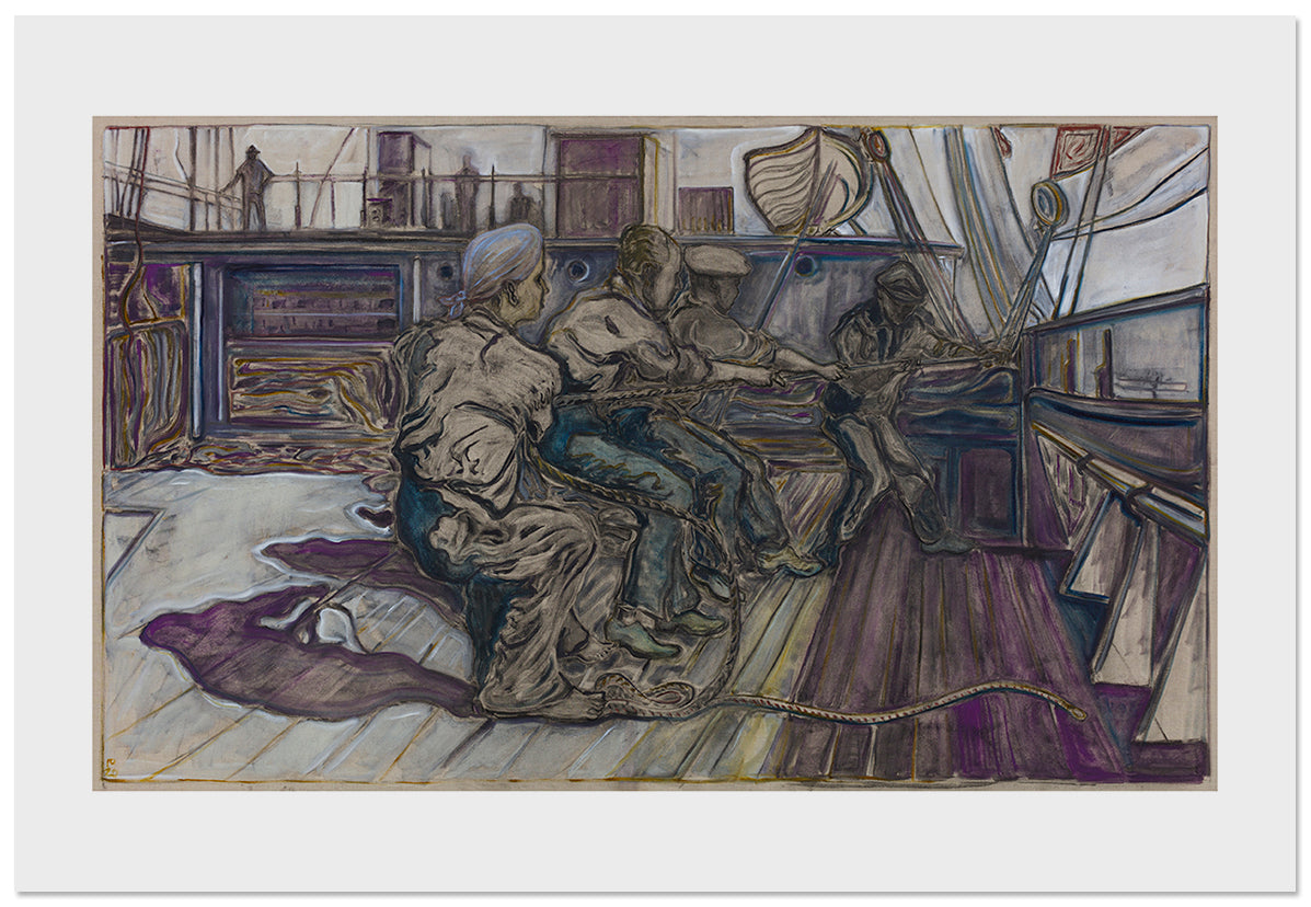 Men hoisting a sale sign outdoors, featuring artwork by BILLY CHILDISH, showcasing vibrant colors and dynamic composition.