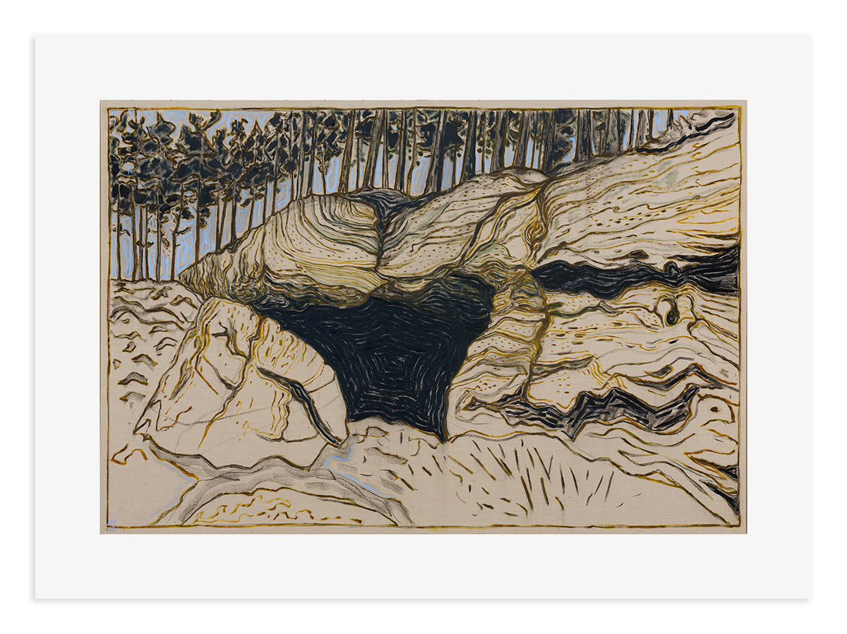 BILLY CHILDISH Cave and Rock artwork featuring abstract shapes and earthy tones on a textured canvas.