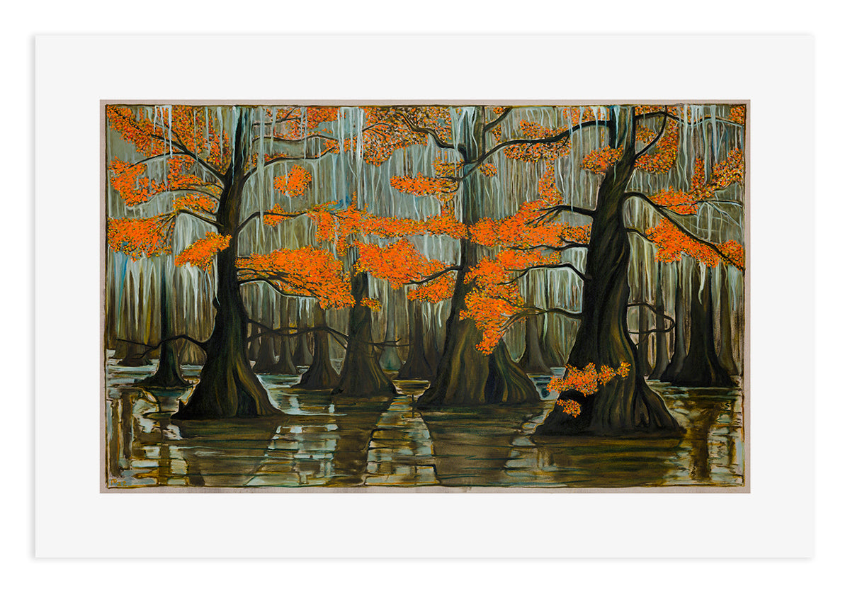 Cypress Swamp artwork by BILLY CHILDISH, featuring vibrant fall colors and textured foliage in a serene landscape.