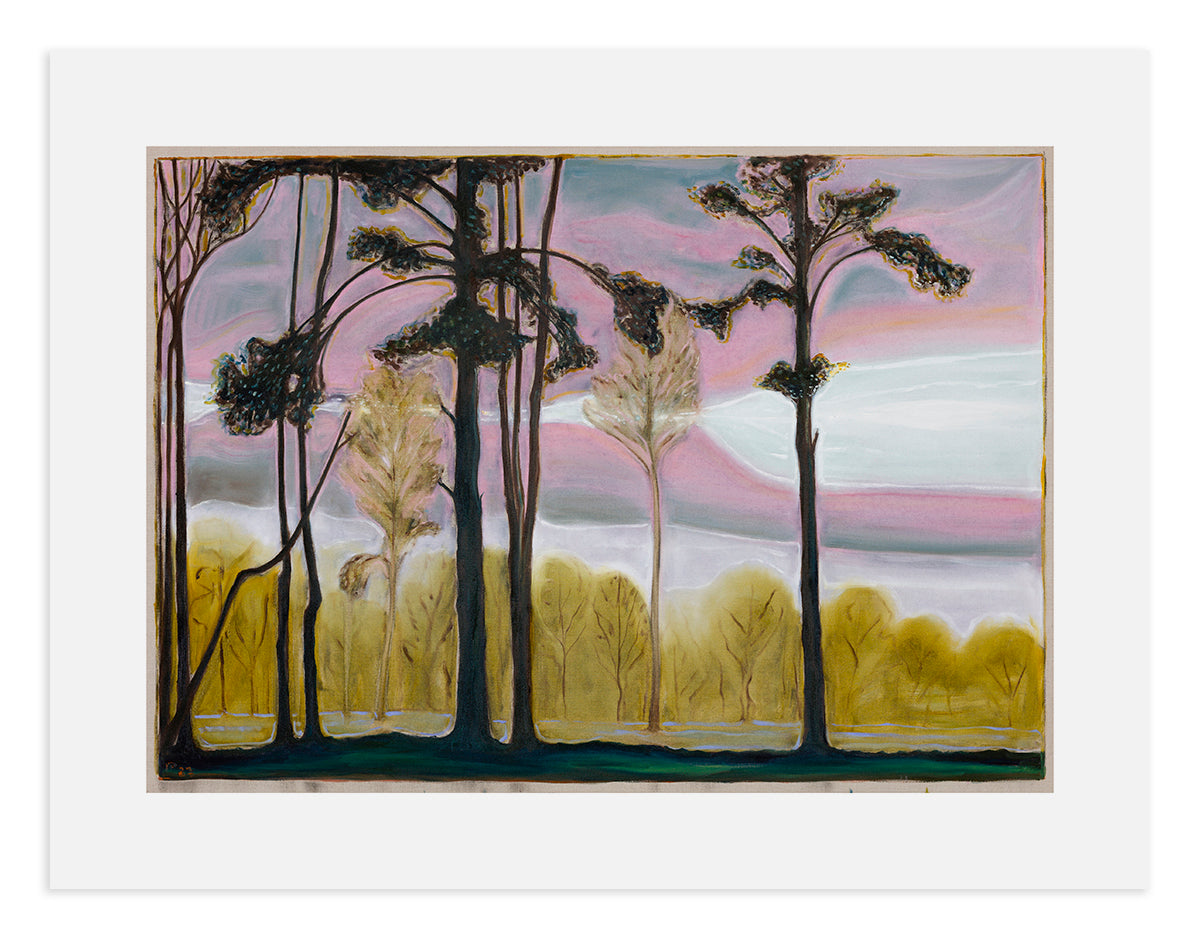 BILLY CHILDISH artwork featuring light filtering through trees in a serene landscape scene.
