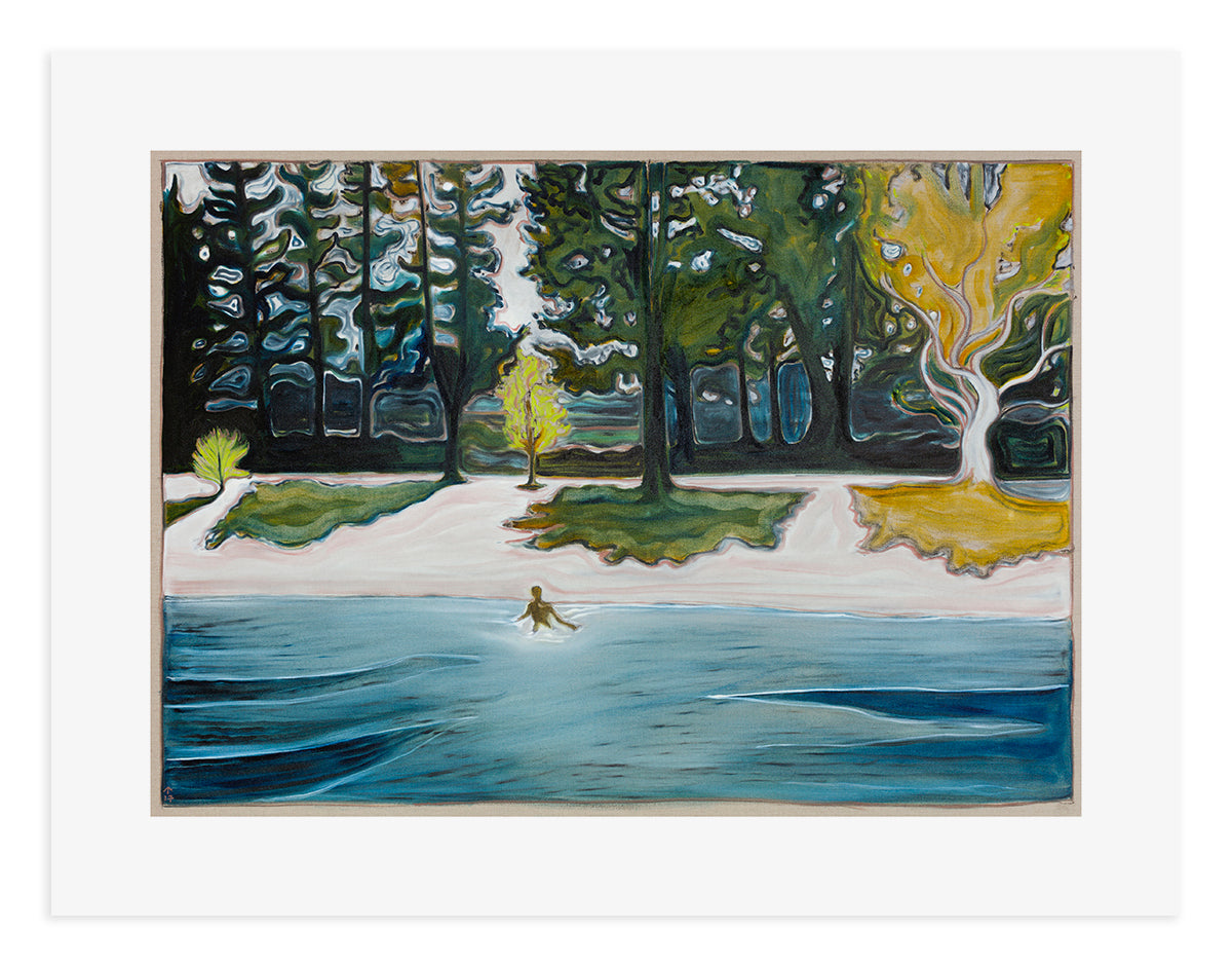 BILLY CHILDISH artwork featuring vibrant trees and a serene lake landscape in a colorful, expressive style.