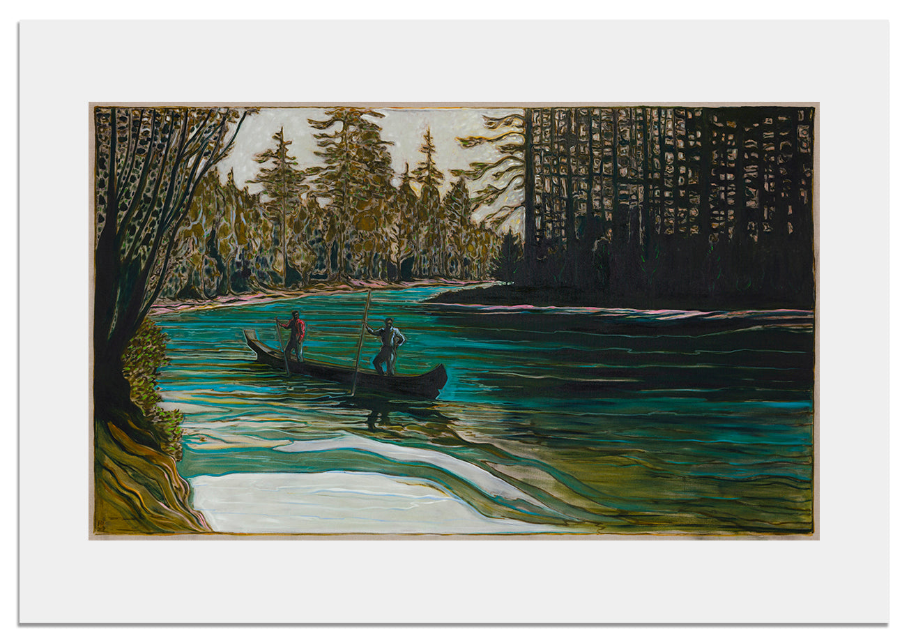 Salish Fishermen artwork by BILLY CHILDISH, featuring vibrant colors and detailed fishing scene.