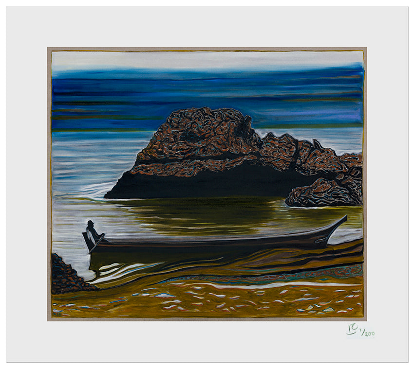 BILLY CHILDISH Canoe and Rock artwork featuring a vibrant landscape with a canoe by a rocky shore.