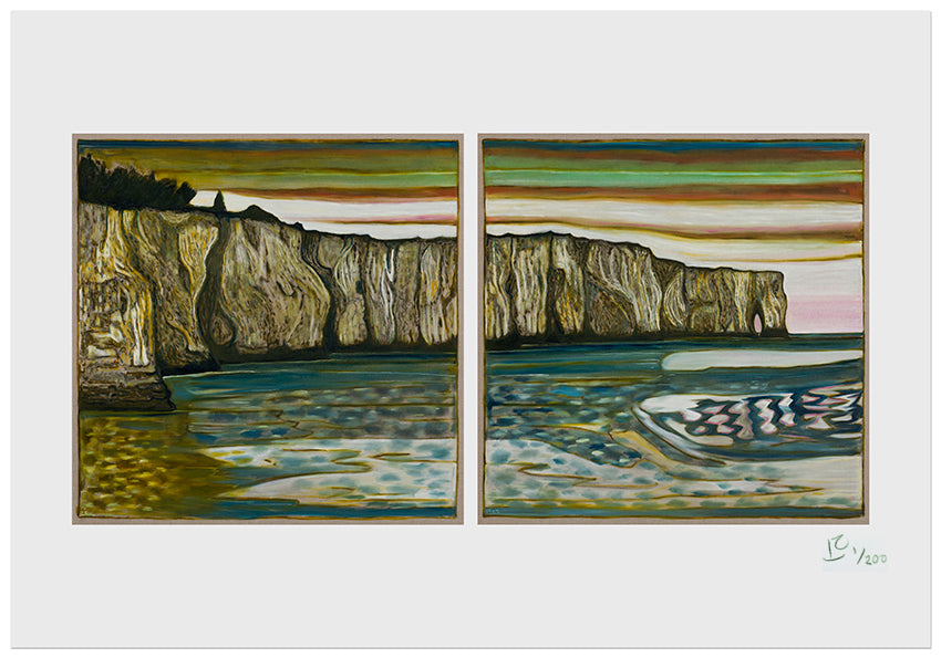 BILLY CHILDISH's Cliff artwork featuring vibrant colors and abstract shapes on a textured canvas.