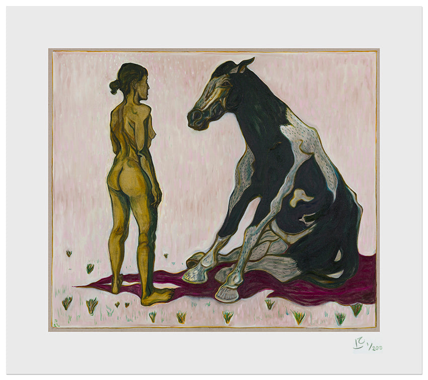 Girl sitting beside a horse, illustrated by BILLY CHILDISH, capturing a serene moment in nature.