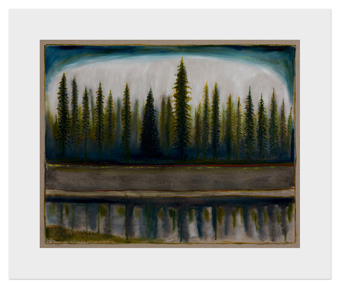 BILLY CHILDISH Trees North artwork featuring a vibrant landscape with stylized trees and a colorful sky.
