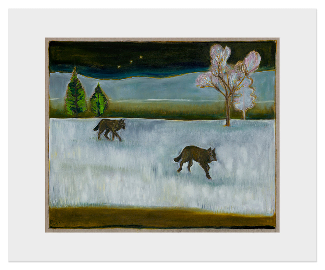 Two Wolves artwork by BILLY CHILDISH featuring bold colors and striking imagery of two wolves in a dynamic pose.