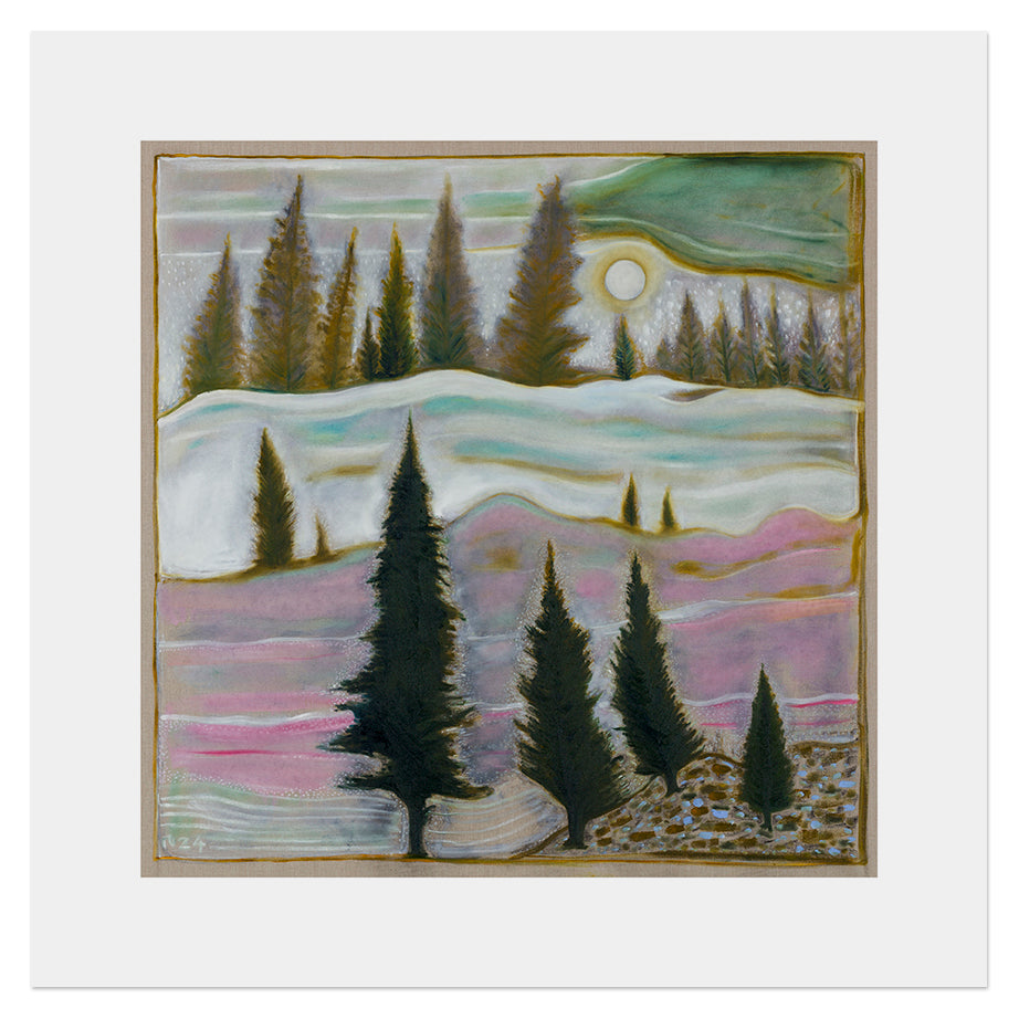 BILLY CHILDISH's "Mist and Snow" artwork featuring abstract landscapes in cool tones.