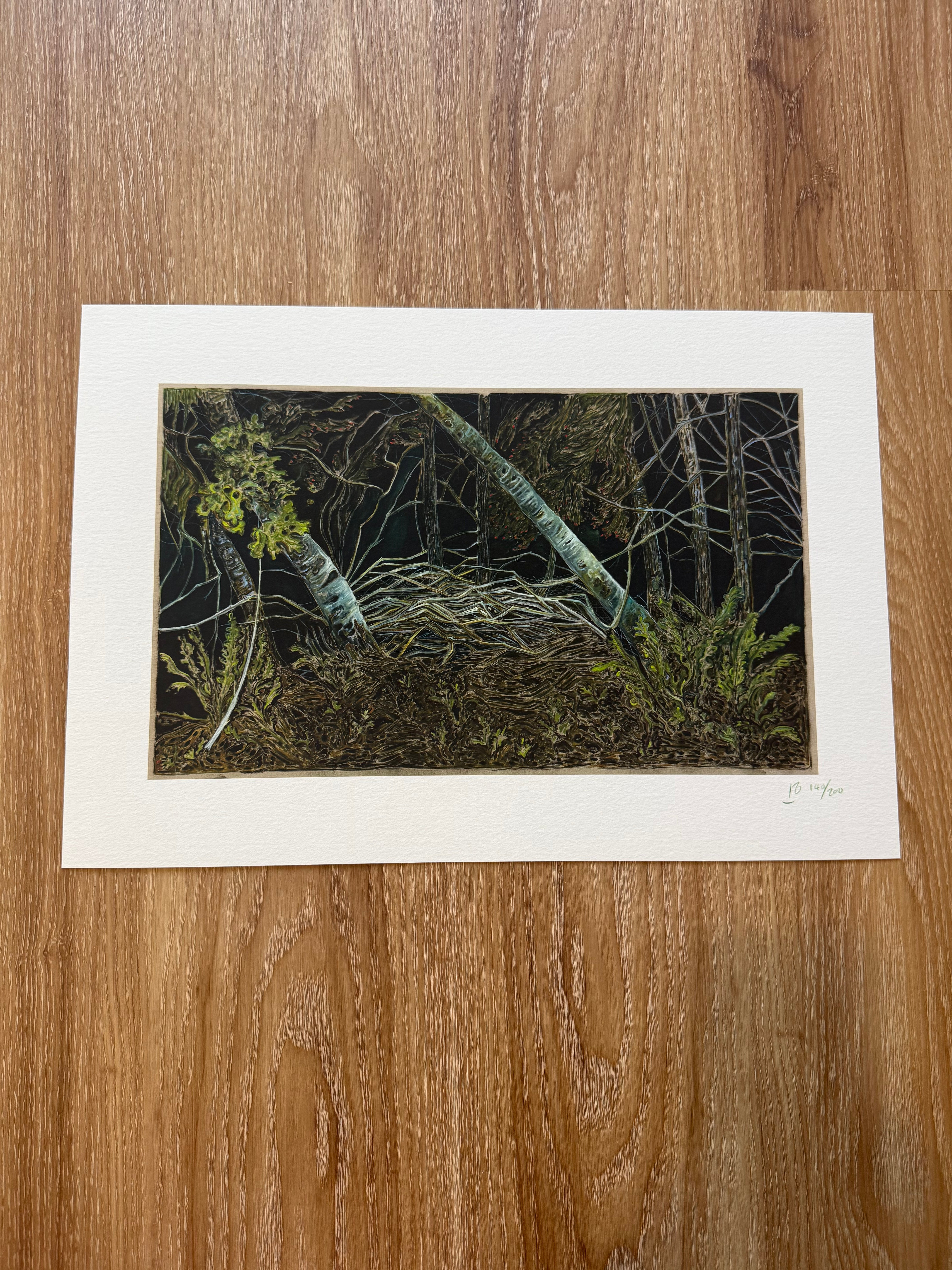 Night Forest artwork by BILLY CHILDISH featuring a dark, atmospheric forest scene with intricate details.