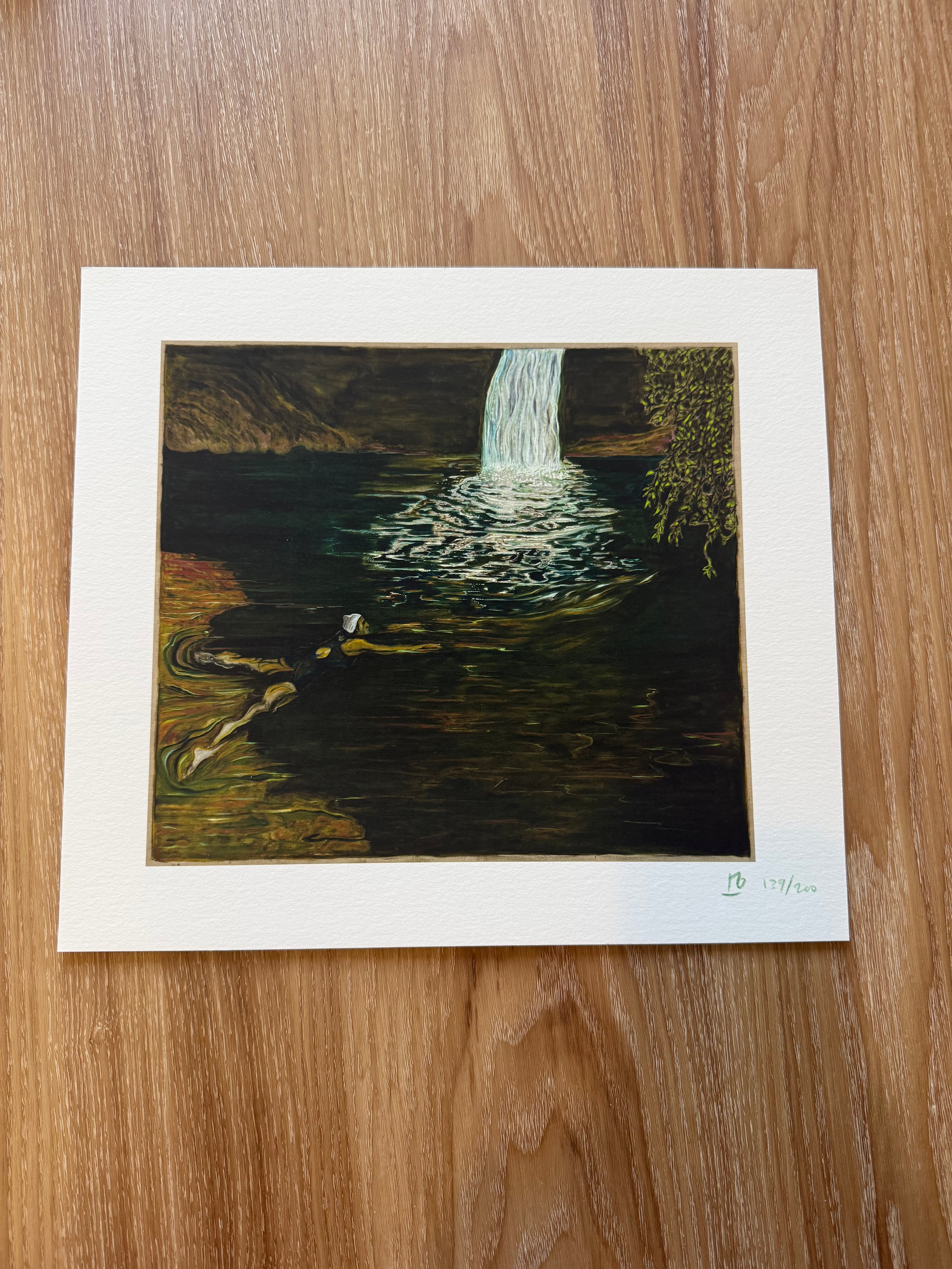 Swimmer diving into a vibrant waterfall scene, artwork by BILLY CHILDISH showcasing dynamic colors and movement.