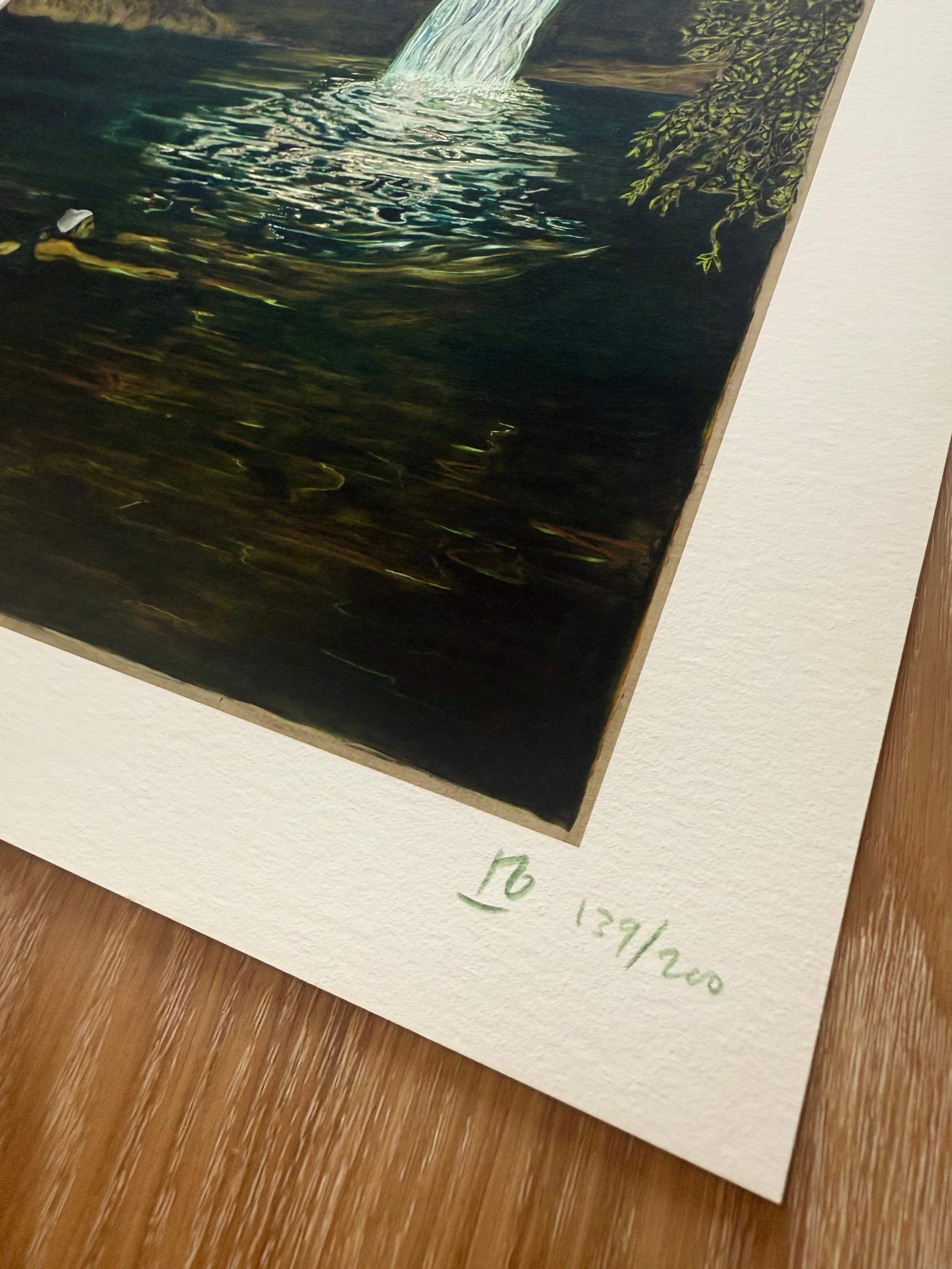 Swimmer diving near a waterfall in a vibrant painting by BILLY CHILDISH, showcasing dynamic colors and motion.