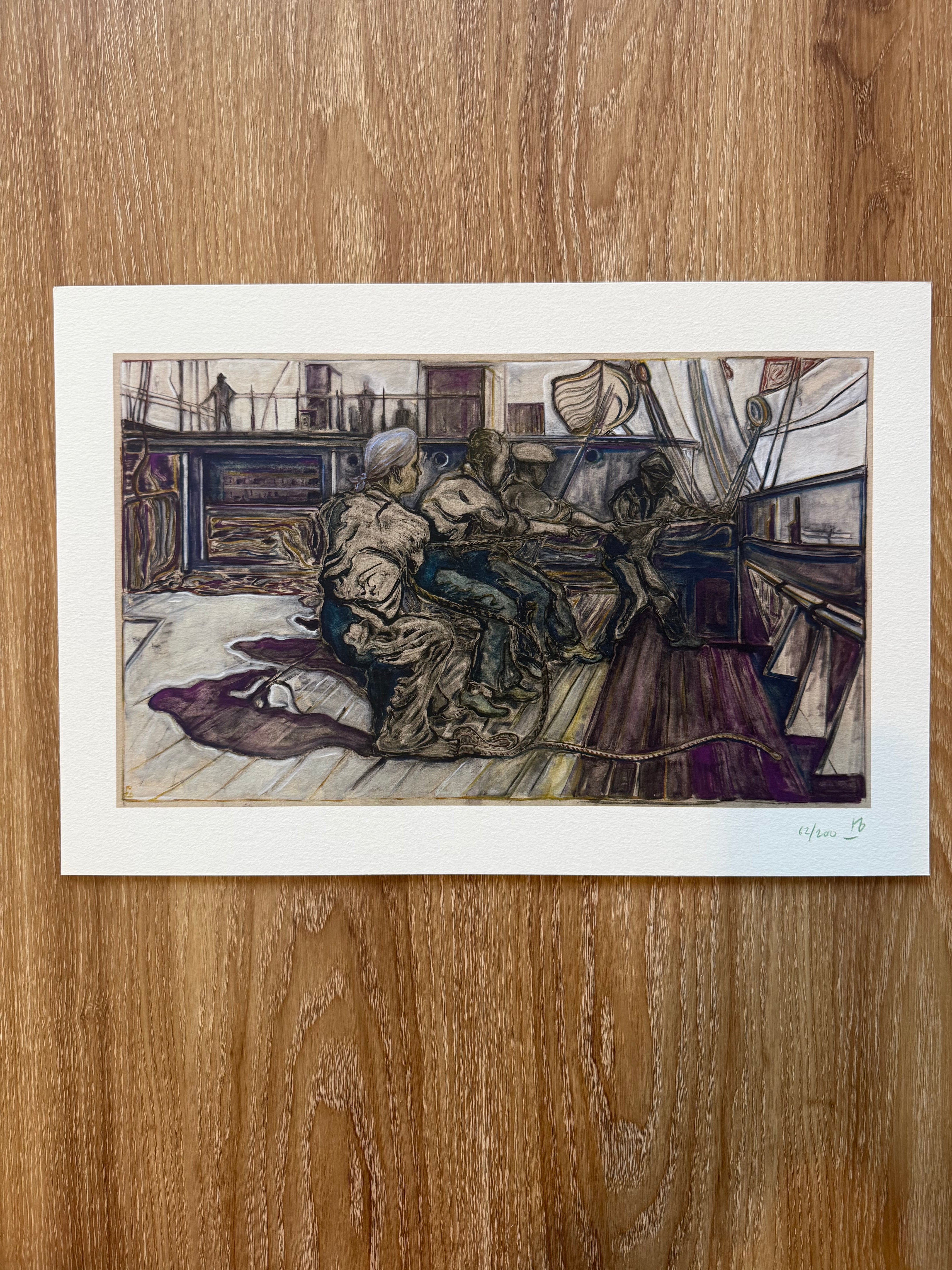 Men hoisting a sale sign featuring artwork by BILLY CHILDISH, showcasing a vibrant outdoor scene.