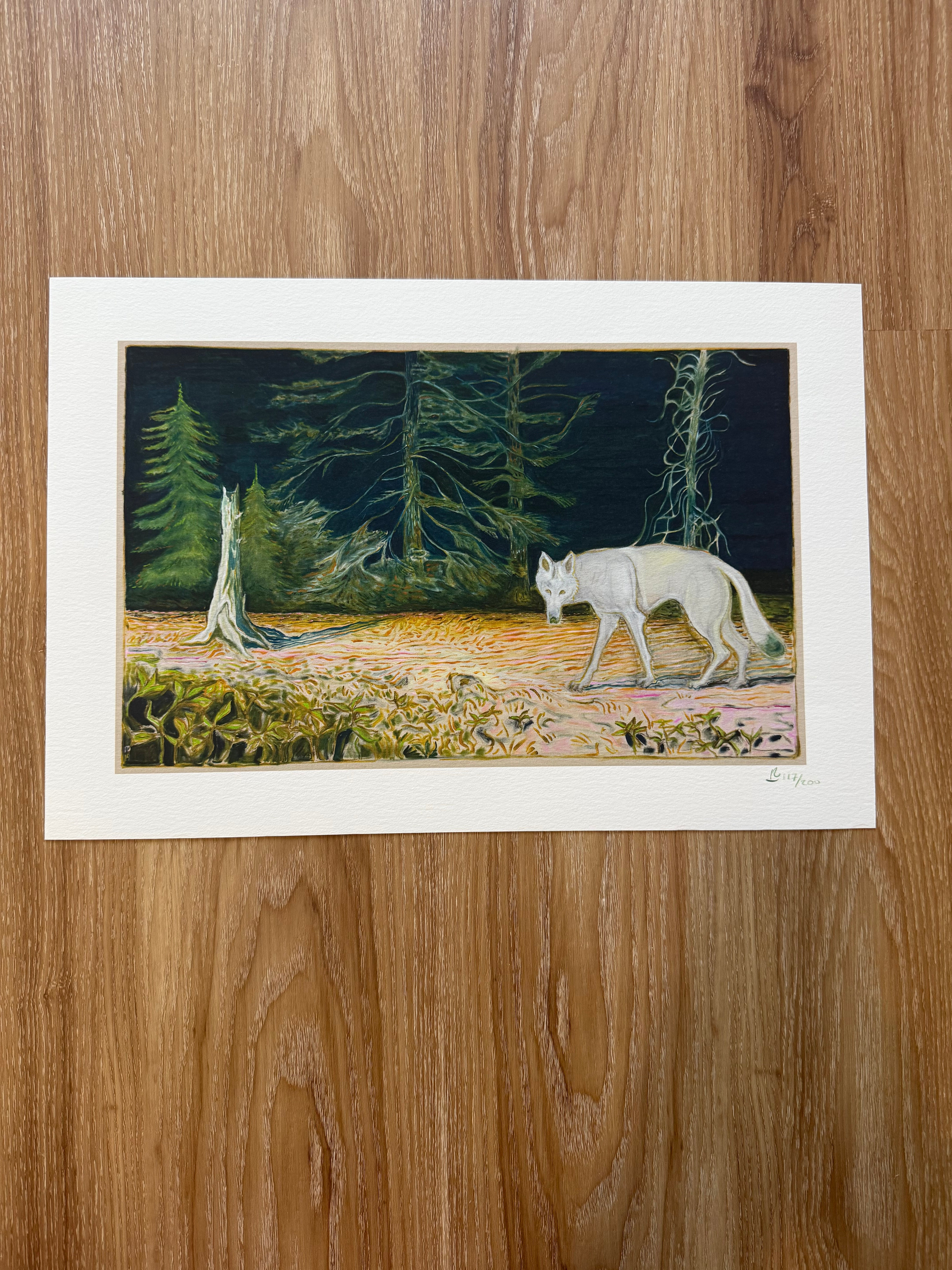 White Wolf artwork by BILLY CHILDISH featuring a striking white wolf against a vibrant background.