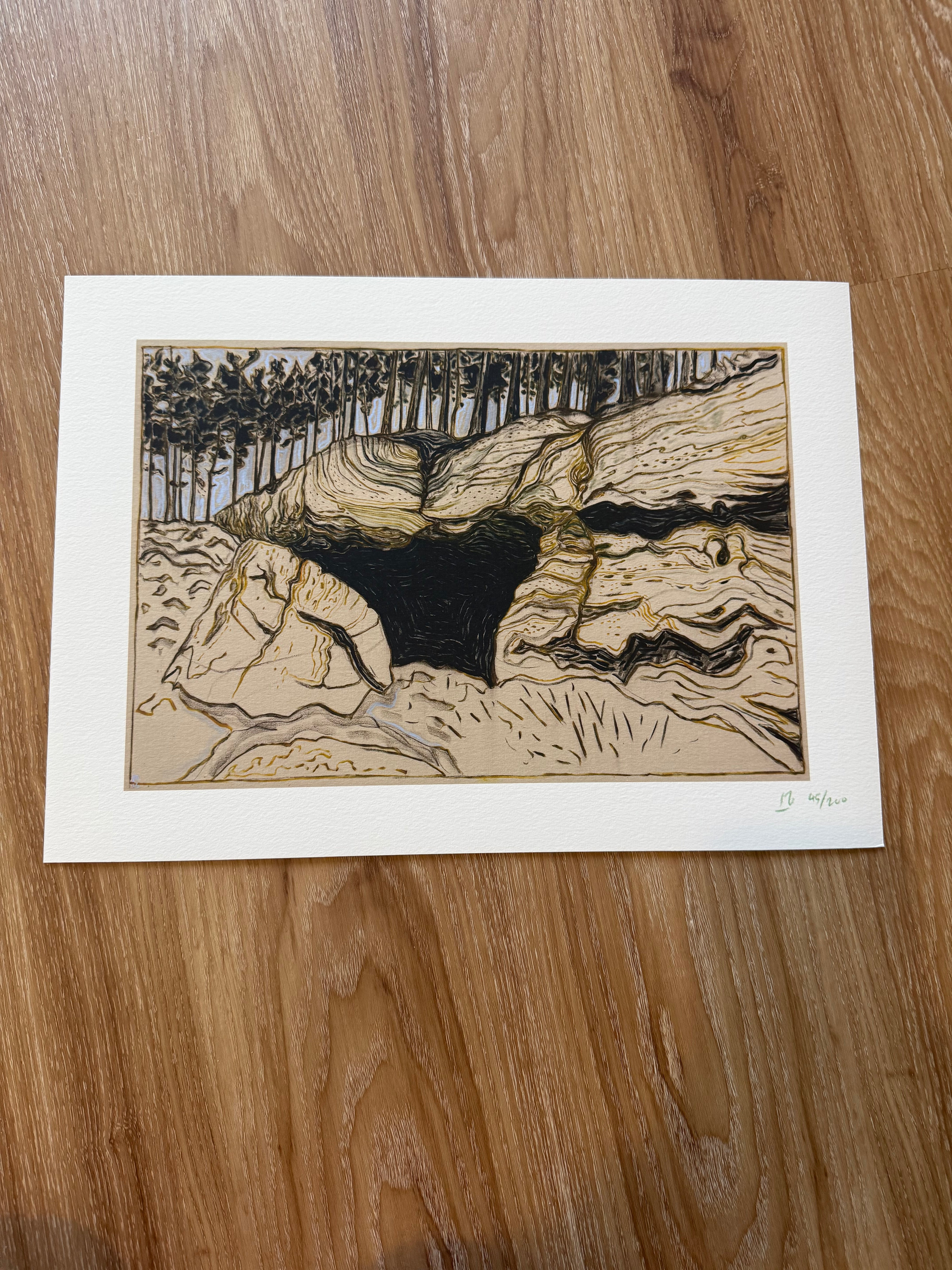 Billy Childish Cave and Rock artwork featuring abstract shapes and earthy tones on canvas.